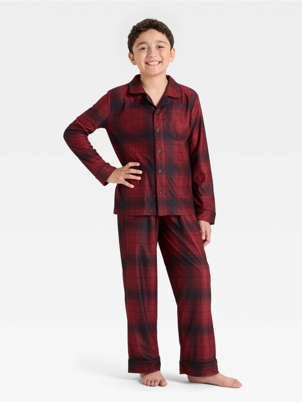 Cat & Jack Boys' 2pc Plaid Holiday Long Sleeve Button-Down Pajama Set Red Size S